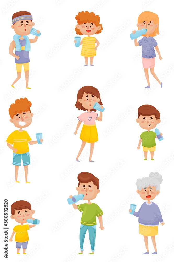 People Characters of Different Ages Drinking Water From Bottles and Glasses Vector Set