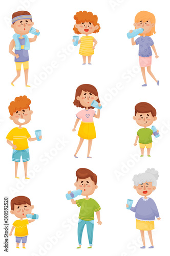 People Characters of Different Ages Drinking Water From Bottles and Glasses Vector Set