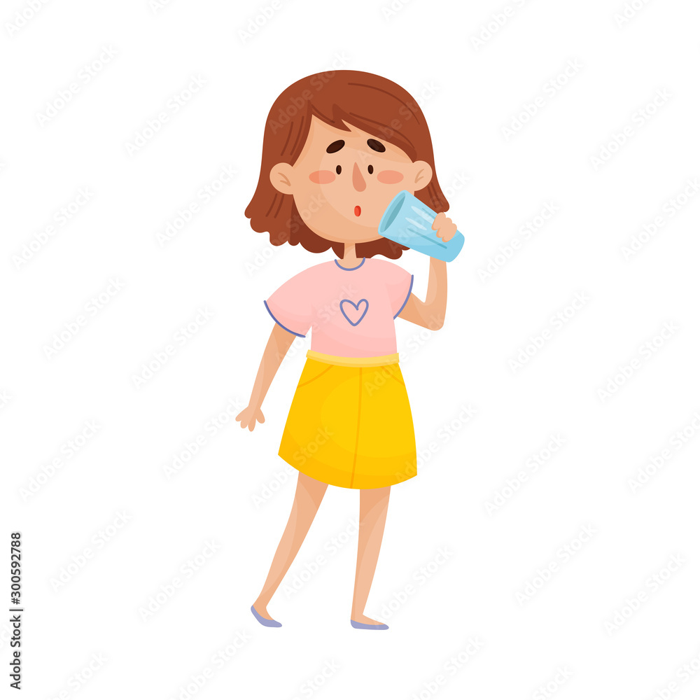 Young Dark-haired Girl Character Standing and Drinking Still Water From Glass Vector Illustration Young Dark-haired Girl Character Standing and Drinking Still Water From Glass Vector Illustration