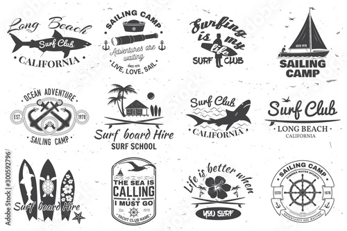Set of sailing camp, yacht club and surf club badges. Vector. Concept for shirt, print, stamp. Vintage typography design with surfboard and sailing boat silhouette. Extreme water sport.
