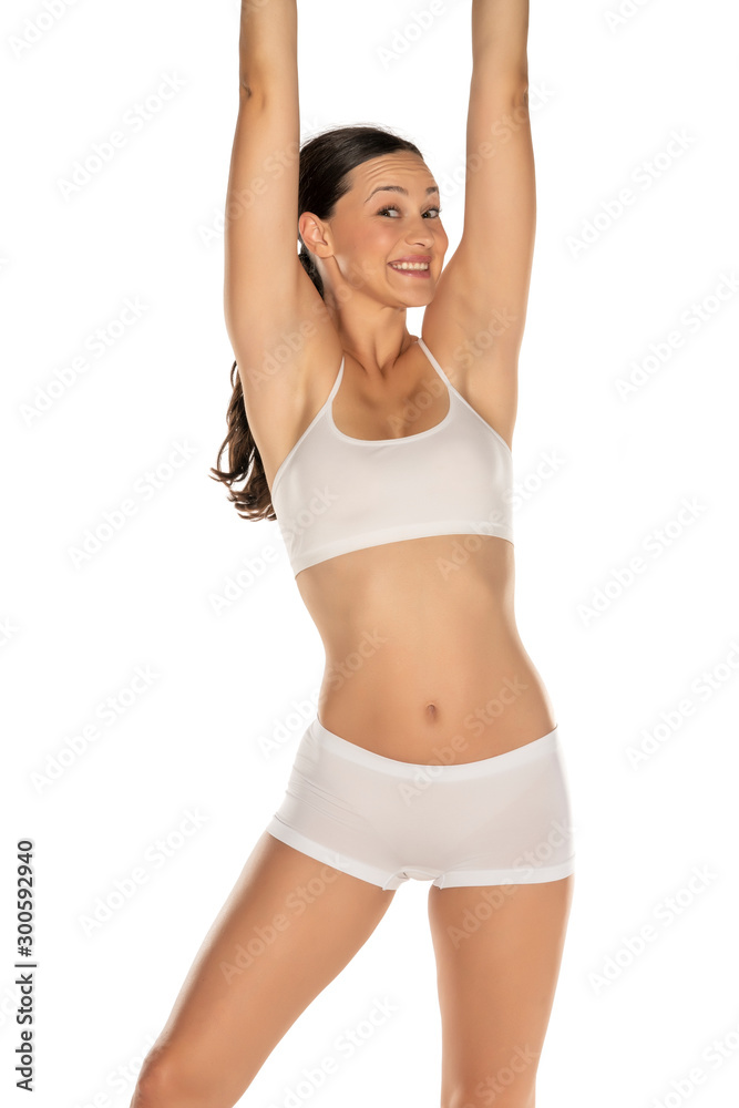 young beautiful happy woman in white lingerie young beautiful happy woman in white lingerie