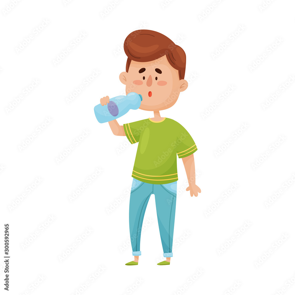 Happy and Smiling Dark-Haired Boy Standing With Bottle of Water in His Hand Vector Illustration