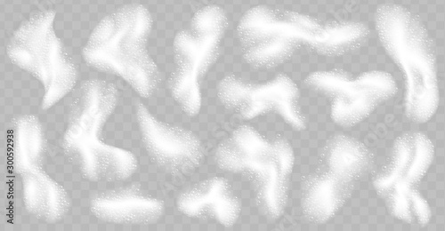 Soap foam pieces with bubbles isolated on transparent background. Top view of sparkling shampoo and bath lather clouds. Vector illustration. photo