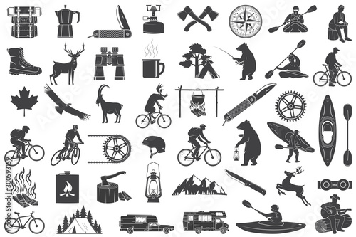 Set of Hiking and Camping icons isolated on the white. Vector. Set include fishing bear, mountains, knife, tent, cup, coffee, goat, gas stove, water sports equipment, forest silhouette