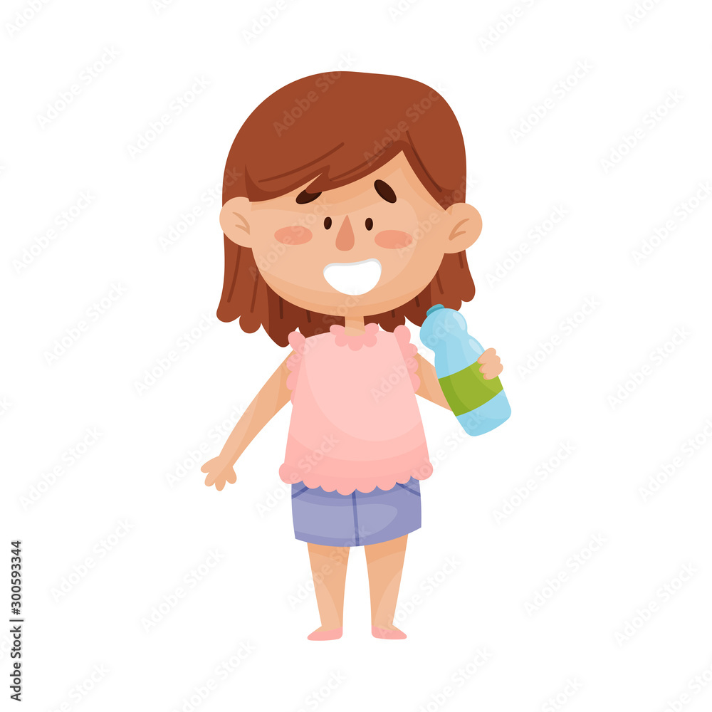 Happy Dark-Haired Little Girl Standing and Drinking Water From Plastic Bottle Vector Illustration Happy Dark-Haired Little Girl Standing and Drinking Water From Plastic Bottle Vector Illustration