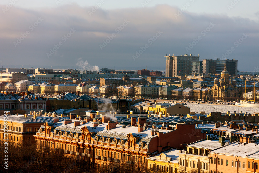 View of rooftops St. Petersburg at beginning of winter