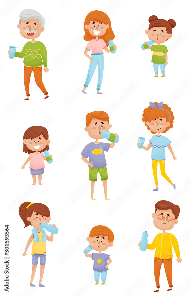 People Characters of Different Ages Drinking Water From Bottles and Glasses Vector Set People Characters of Different Ages Drinking Water From Bottles and Glasses Vector Set
