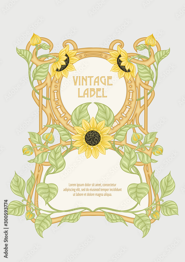 Sunflower. Label, decorative frame, border. Good for product label. with place for text Colored vector illustration. In art nouveau style, vintage, old, retro style. Isolated on white background..