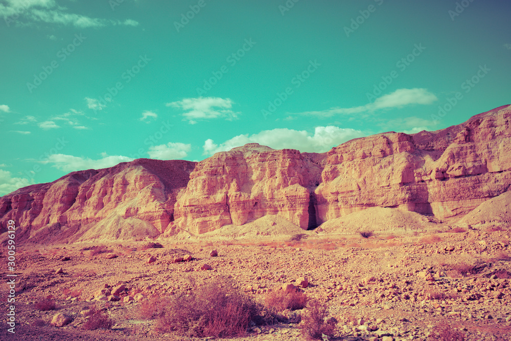 The view from the car to the mountain range. Mountain nature landscape. Negev desert in the early morning. The nature of Israel