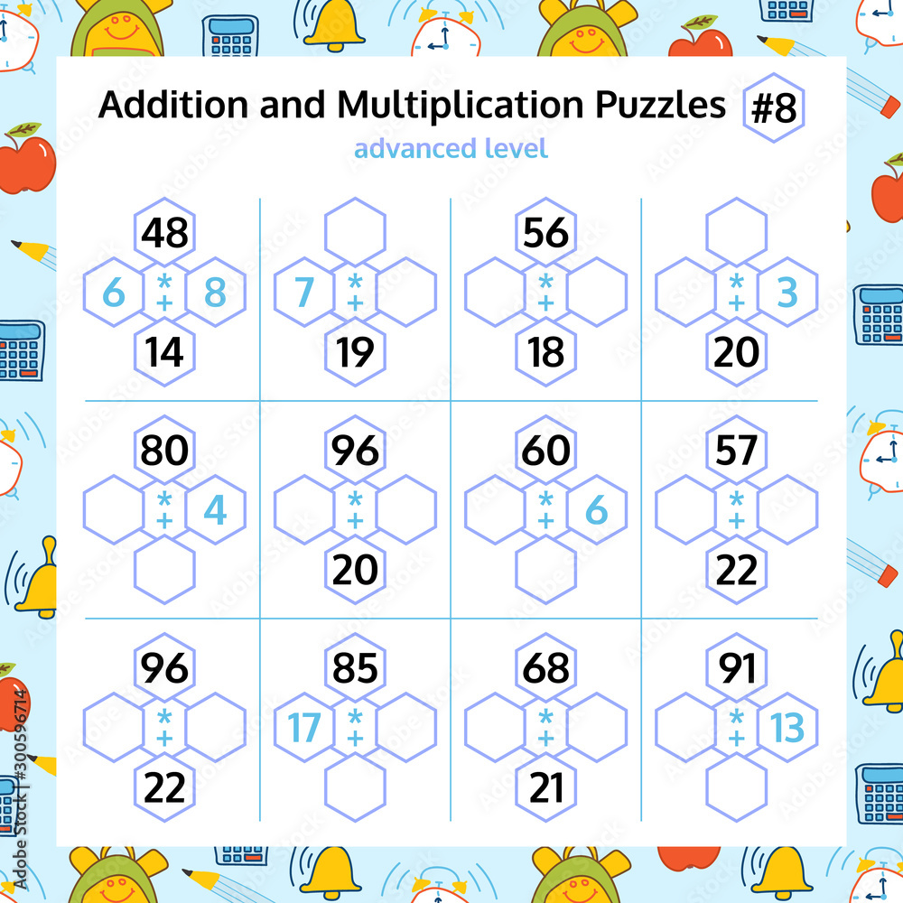Obraz premium Addition and Multiplication Math Puzzle Set. Mathematical educational game.