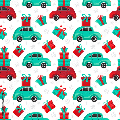 Seamless pattern red and green cars carries gifts in vector. Christmas and new year background. Cartoon toy car. Flat design vector festive holiday design element. Christmas shopping.