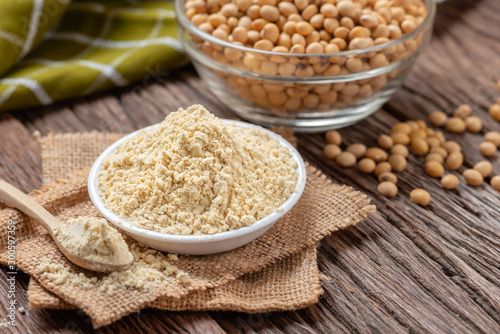 Product of soy flour in bowl with soybean, Kinako flour.