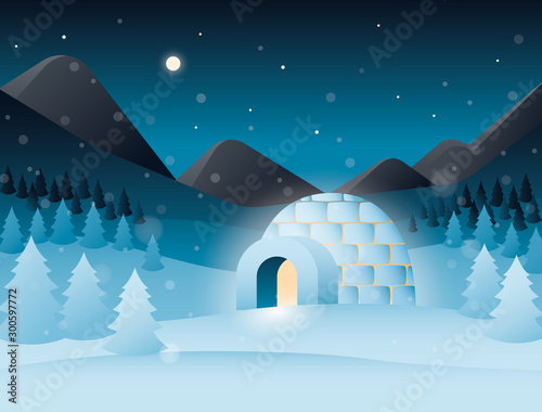 Vector night scenery with icy cold house, mountains, forest