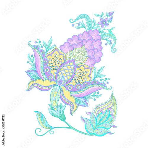 Fantasy flowers, traditional Jacobean embroidery style. Elements for design. Vector illustration in bright pink and green colors isolated on white background..