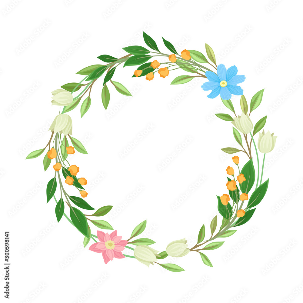 Various Wildflowers Twisted in Circle Flame Vector Illustration - obrazy, fototapety, plakaty 