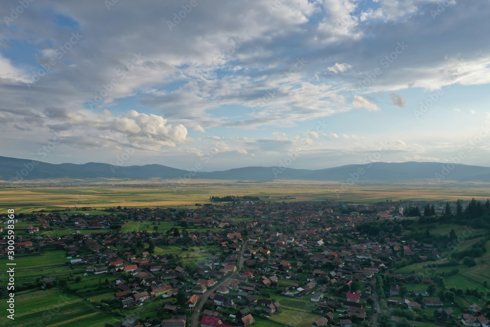 Aerial view of country landscape in the summer.