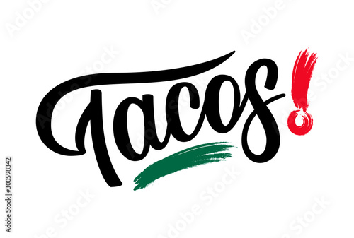 Tacos logo. Vector illustration of Mexican cuisine meal with hand drawn bold lettering typography isolated on background. Design template for restaurant or bar menu. Traditional food trend