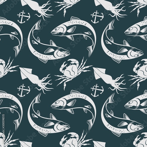 Seamless pattern with squid, salmon fish and king crab.