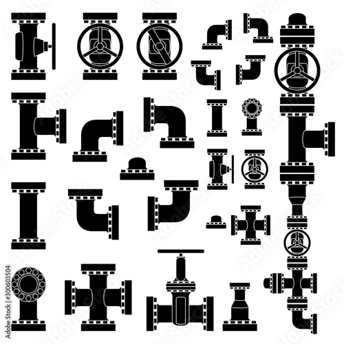 Set of vector black image of pipeline elements.