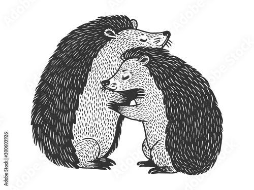 Hedgehog love couple hug sketch engraving vector illustration. T-shirt apparel print design. Scratch board style imitation. Black and white hand drawn image.