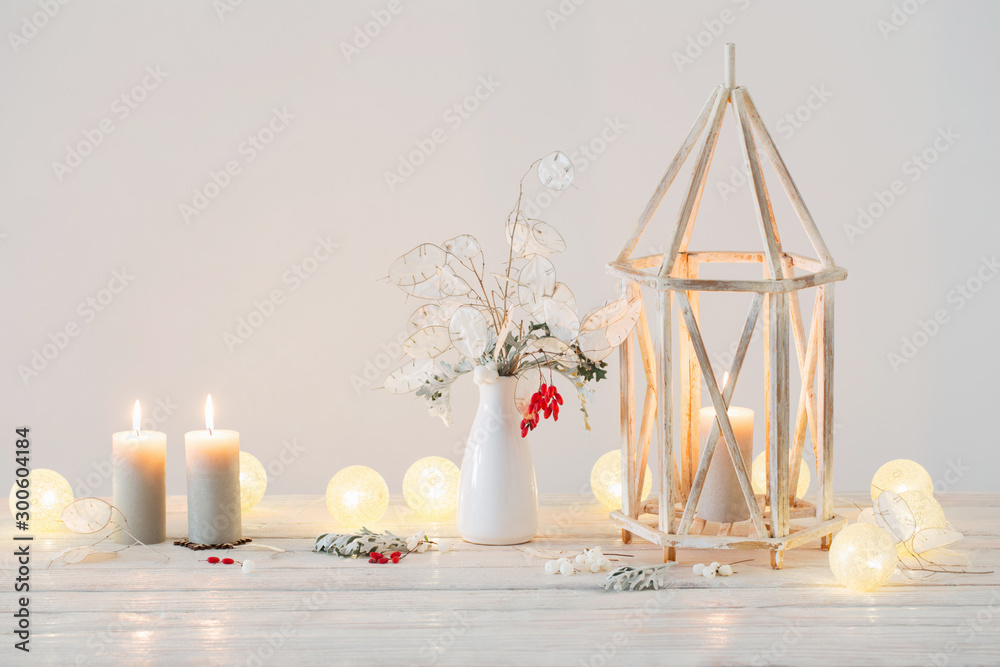 Christmas decorations on background white wall Christmas decorations on background white wall