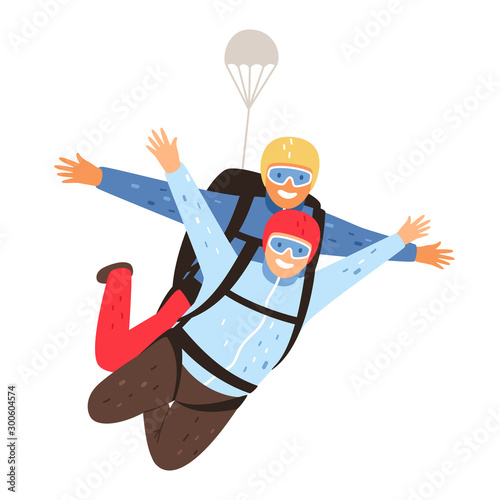 Tandem parachute jump. Parachuting with instructor and excited skydiver, professional skydiving training cartoon vector illustration