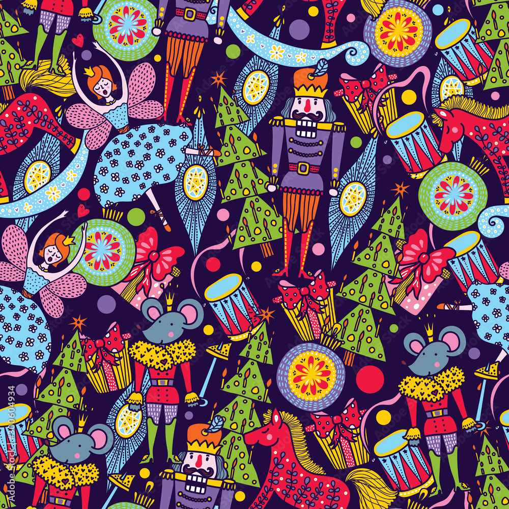 Fototapeta premium Christmas line vector seamless Nutcracker pattern. Seamless pattern can be used for wallpaper, pattern fills, web page background, surface textures.