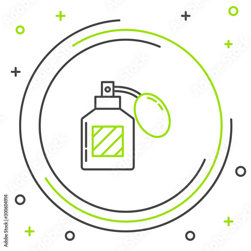 Black and green line Aftershave icon isolated on white background. Cologne spray icon. Male perfume bottle. Colorful outline concept. Vector Illustration
