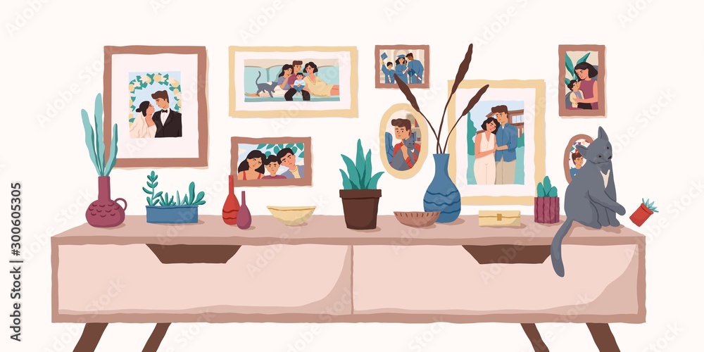 Family portraits on wall flat vector illustration. Important events memorable photographs in home interior. Life moments captured on pictures. Family values, happy memories concept.