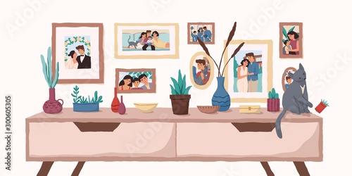 Family portraits on wall flat vector illustration. Important events memorable photographs in home interior. Life moments captured on pictures. Family values, happy memories concept.