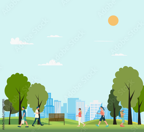 People in public park with city background vector illustration.Nature park with people walking in summer.Lifestyle in nature scene