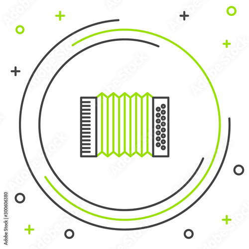 Black and green line Musical instrument accordion icon isolated on white background. Classical bayan, harmonic. Colorful outline concept. Vector Illustration