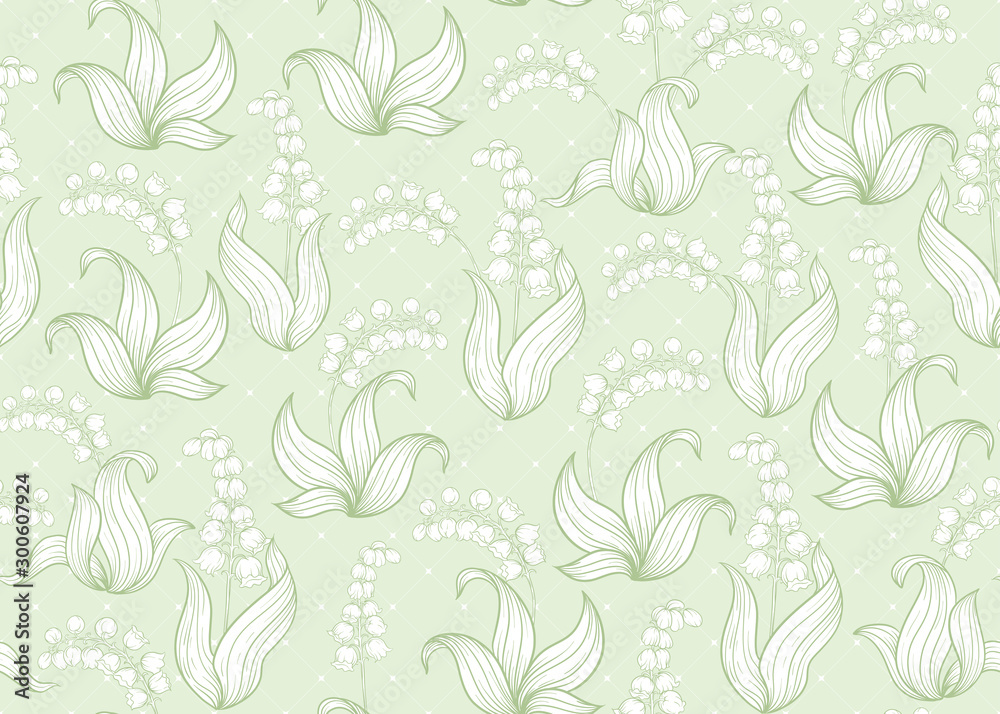 Lily of the valley, may-lily Seamless pattern, background. Vector illustration. In art nouveau style, vintage, old, retro style. On tea green background..