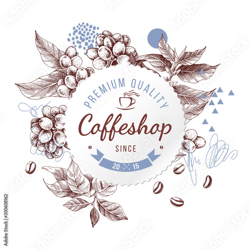 Coffeshop round paper emblem over hand sketched background with coffee plant and beans