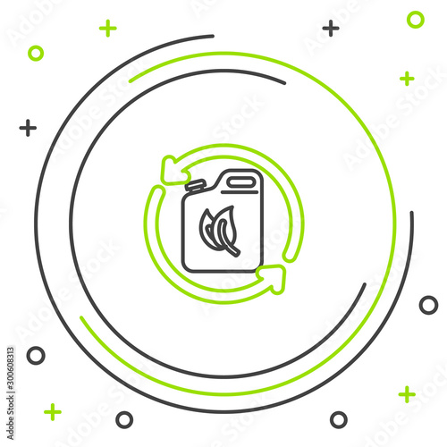 Black and green line Bio fuel canister icon isolated on white background. Eco bio and barrel. Green environment and recycle. Colorful outline concept. Vector Illustration