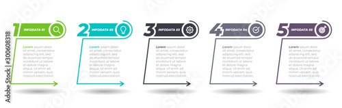 Business info graphic design template with marketing icons. Timeline process with 5 options, steps. Vector illustration.