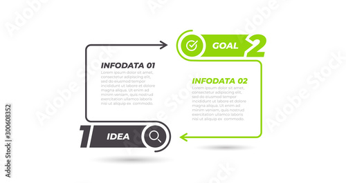 Business process info graphic design template with marketing icons and 2 options, steps, arrows. Can be used for info chart, graph, presentations.