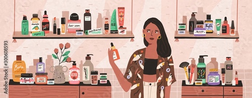 Natural cosmetics, eco products choosing in store flat illustration. Female shop assistant, cosmetic buyer cartoon character. Toiletry assortment. Lady skincare, makeup, beauty products choice.