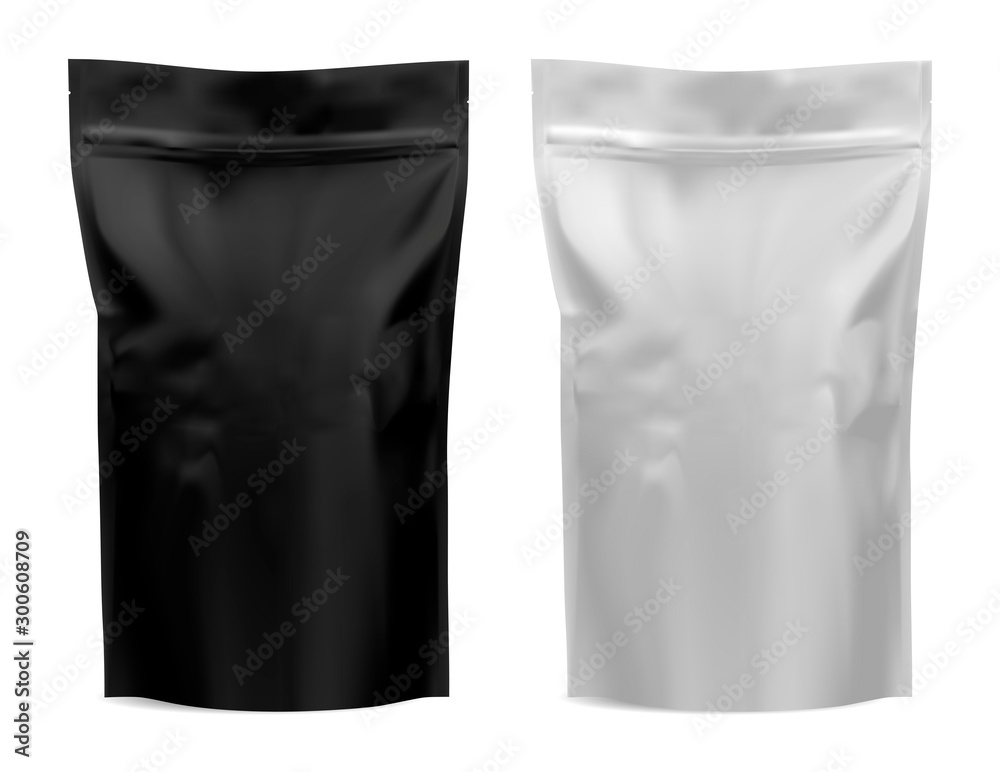 Coffee package. Foil bag mockup. Flour, tea paper pouch blank design. Black and white food product mock up. Realistic plastic 3d template for pasta. Dog chips snack silver sachet. Sack blank - obrazy, fototapety, plakaty 