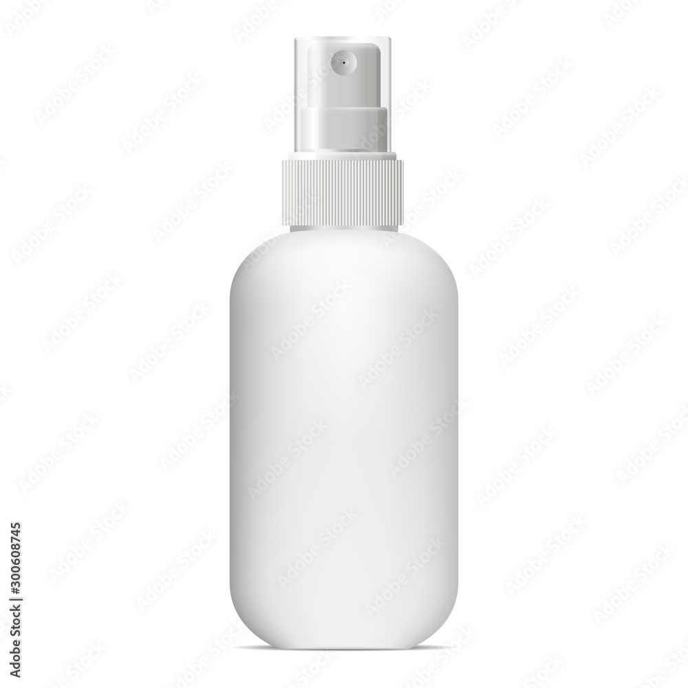 Spray bottle. Cosmetic aerosol mockup. White plastic tube vector blank.  realistic soft surface 3d container for deodorant, parfum. Pump dispenser  antiseptic medical package for merchandise Stock Vector | Adobe Stock