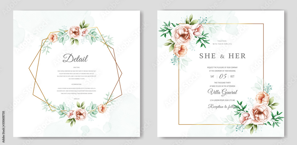 wedding invitation suite with watercolor floral and leaves