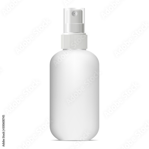 Spray bottle. Cosmetic aerosol mockup. White plastic tube vector blank. realistic soft surface 3d container for deodorant, parfum. Pump dispenser antiseptic medical package for merchandise