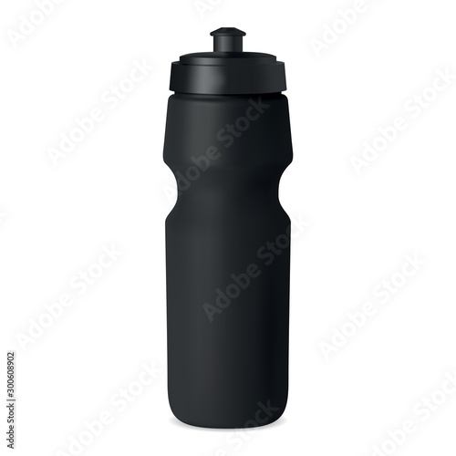 Sport bottle. Water flask vector mockup. Black plastic container with cap for branding. Reusable bicycle tin for fitness, training, workout. camping, hiking adventure equipment. Bike can illustration