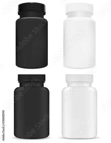 Plastic supplement package. Vitamin pill jar. 3d pharmathy container for medical tablet, capsule. Pharmaceutical drug bottle mockup collection. Small protein powder pack. Aspirin packaging