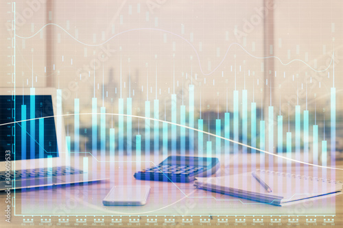 Forex Chart hologram on table with computer background. Double exposure. Concept of financial markets. © peshkova