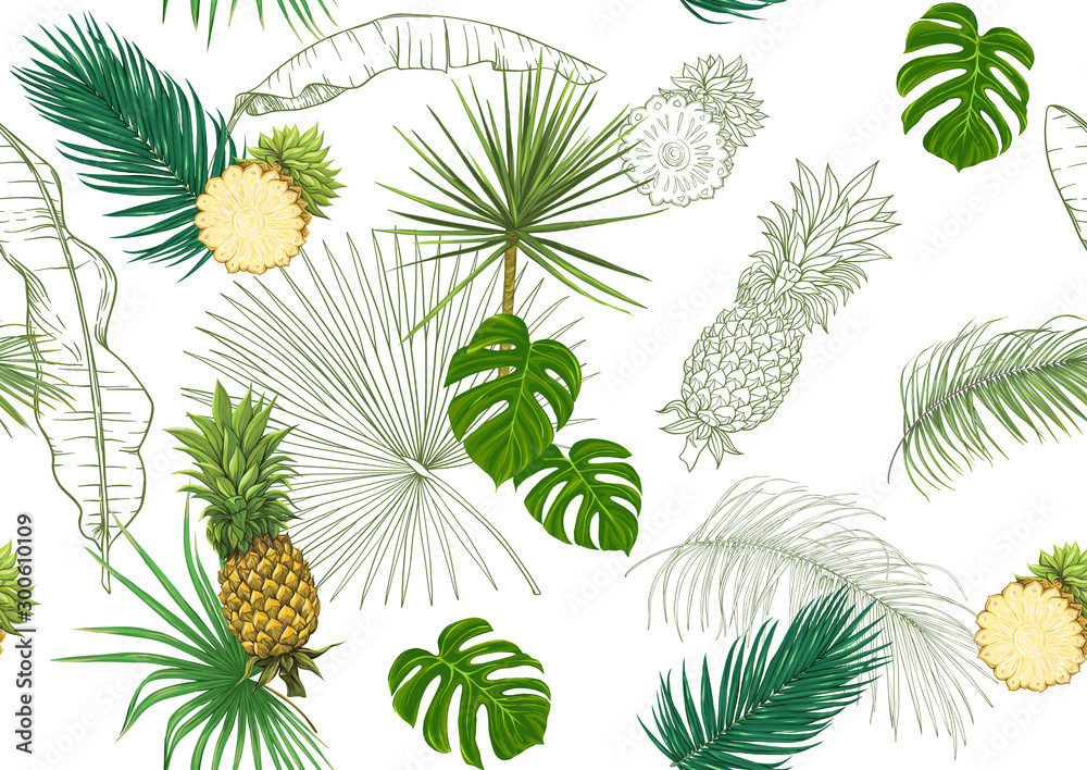 Tropical plants and flowers. Seamless pattern, background. Colored and outline design. Vector illustration. Isolated on white background Tropical plants and flowers. Seamless pattern, background. Colored and outline design. Vector illustration. Isolated on white background