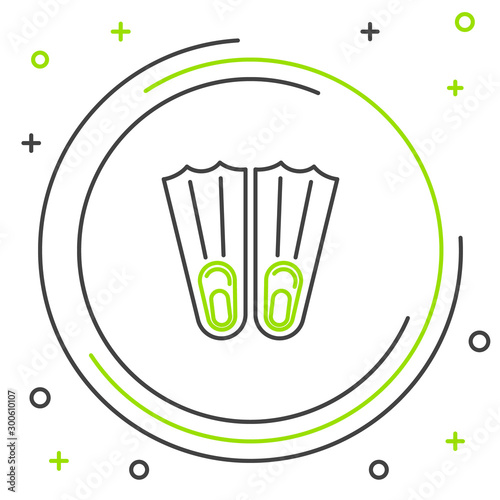Black and green line Rubber flippers for swimming icon isolated on white background. Diving equipment. Extreme sport. Sport equipment. Colorful outline concept. Vector Illustration