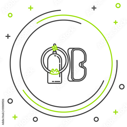Black and green line Diving mask and aqualung icon isolated on white background. Oxygen tank for diver. Extreme sport. Sport equipment. Colorful outline concept. Vector Illustration