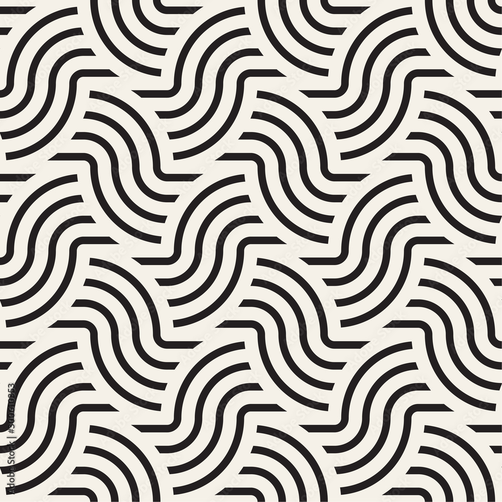 Vector seamless pattern. Monochrome bold wavy stripes background. Decorative geometric interlaced lines.