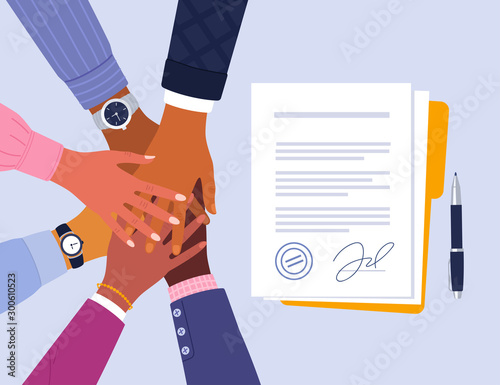 Conclusion of business agreement. Vector illustration of of young diverse business people putting their hands together over signed documents. Isolated on light blue background.